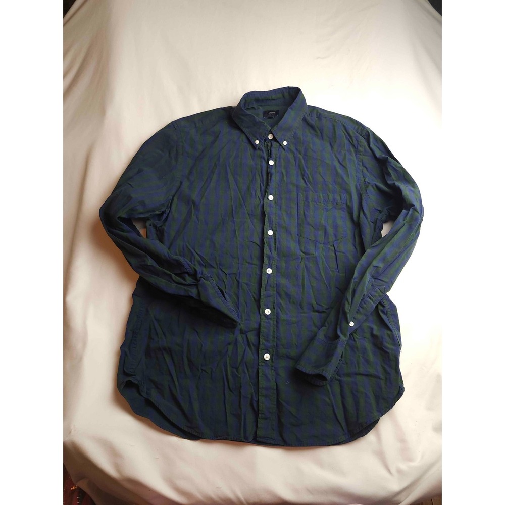 J.Crew Casual Button-Down Shirt Mens Large Blue Green Woven Plaid Long Sleeve